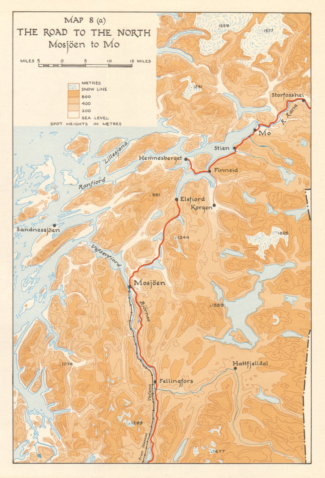 World War 2 Norway Campaign. Mosjoen to Mo road 1940. German Invasion 1952 map